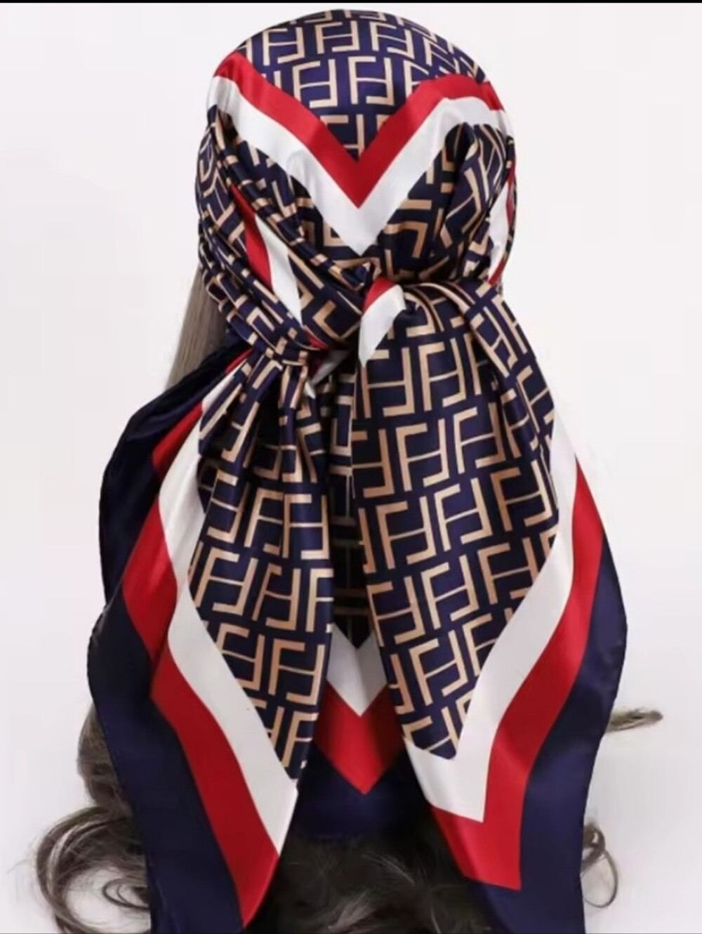 NEW Navy Red Gold Geometric Silky Satin Scarf 90cm Square